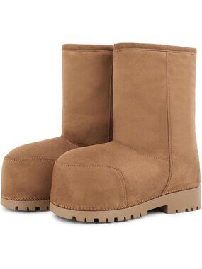 〽️Women's Knee-Calf Faux Fur Boot Brown Faux Leather Round Toe Furry Heel